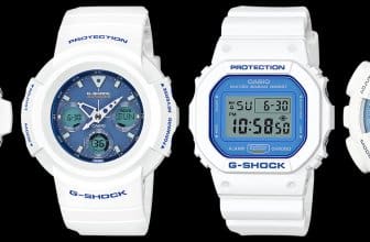 G-Shock White and Light Blue Series AWG-M100SWB-7AJF AWG-M510SWB-7AJF DW-5600WB-7JF GA-110WB-7AJF