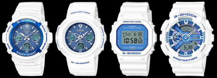 G-Shock White and Light Blue Series  AWG-M100SWB-7AJF AWG-M510SWB-7AJF DW-5600WB-7JF GA-110WB-7AJF