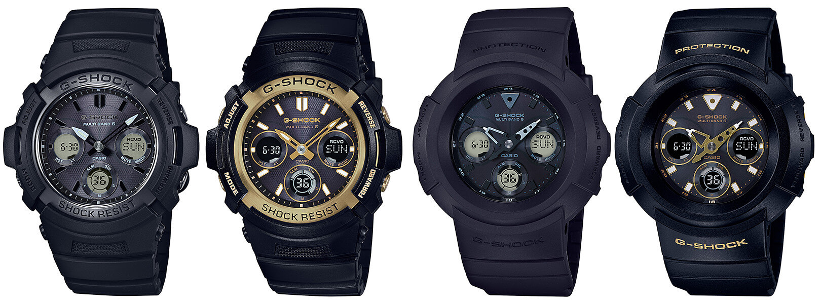 G-Shock AWG Series Basic Black and Black & Gold - G-Central G