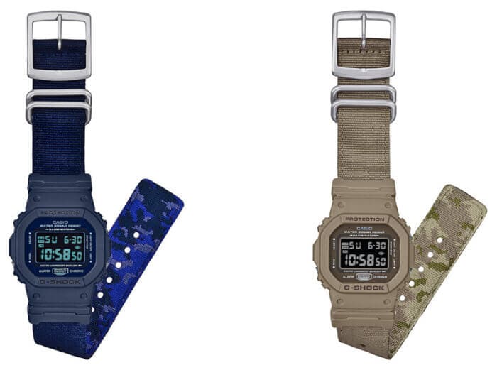 G-Shock DW-5600LU-2JF and beige DW-5600LU-8JF with reversible camouflage bands