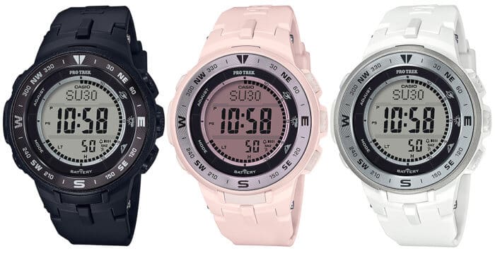 Pro Trek black PRG-330-1JF, pink PRG-330-4JF, and white PRG-330-7JF