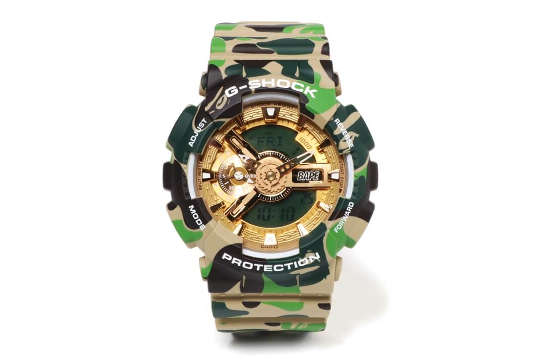 A Bathing Ape x G-Shock GA-110 “BAPE XXV” Camouflage and Gold Watch for