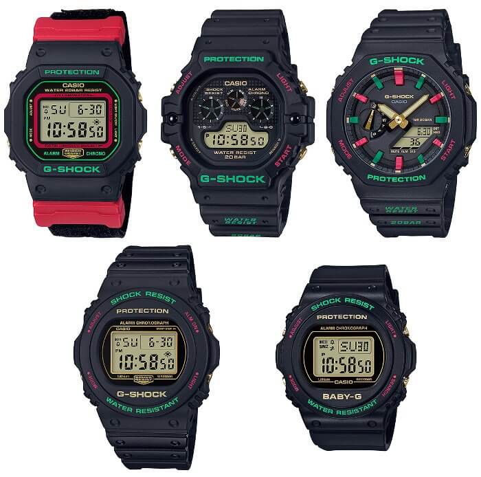 G-Shock Baby-G Throwback 1990s Christmas Red and Green: DW-5600THC-1, DW-5700TH-1, DW-5900TH-1, GA-2100TH-1A, BGD-570TH-1