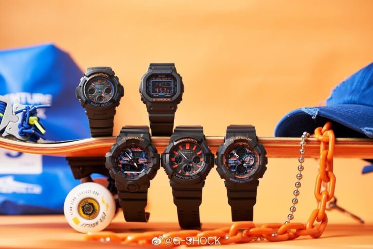 G-Shock CT Black with Blue and Orange Accents and Digital Camouflage