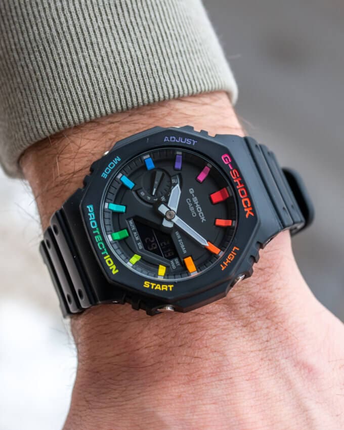 IFLW x The Dial Artist G-Shock Casioak Black Rainbow Wrist Shot