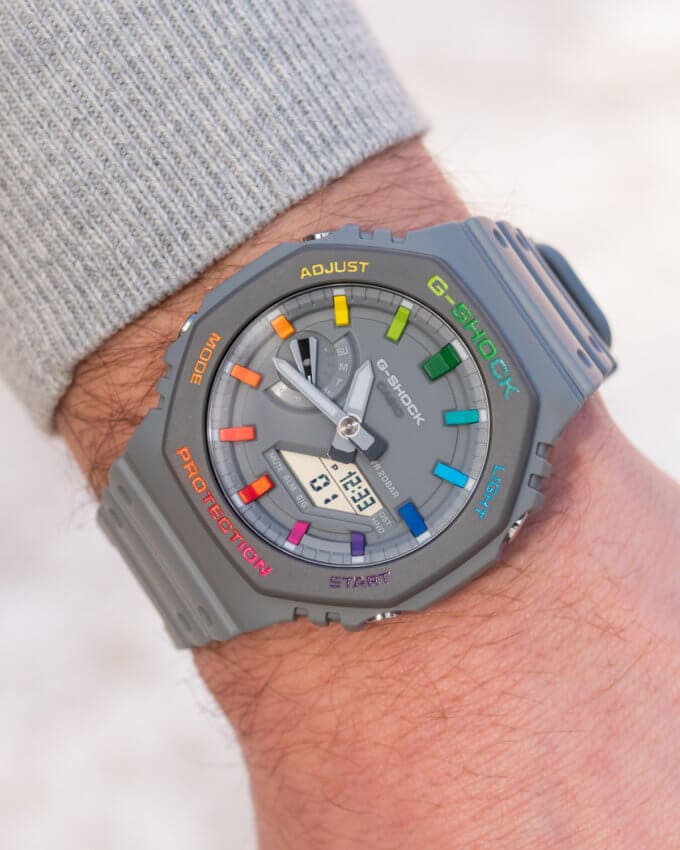 IFLW x The Dial Artist G-Shock Casioak Grey Rainbow Wrist Shot