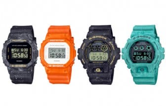 G-Shock Summer Seascape: black DW-5600WS-1, orange DW-5600WS-4, black DW-6900WS-1, blue DW-6900WS-2