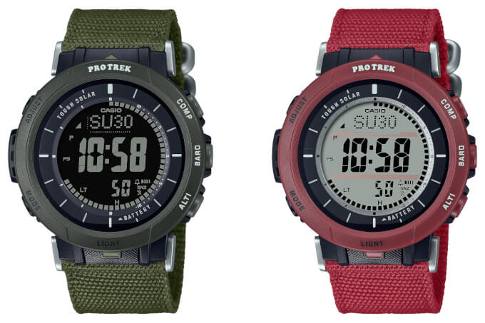 Trek PRG-30B-3 & PRG-30B-4: Green red cloth bands for the compact solar-powered watch