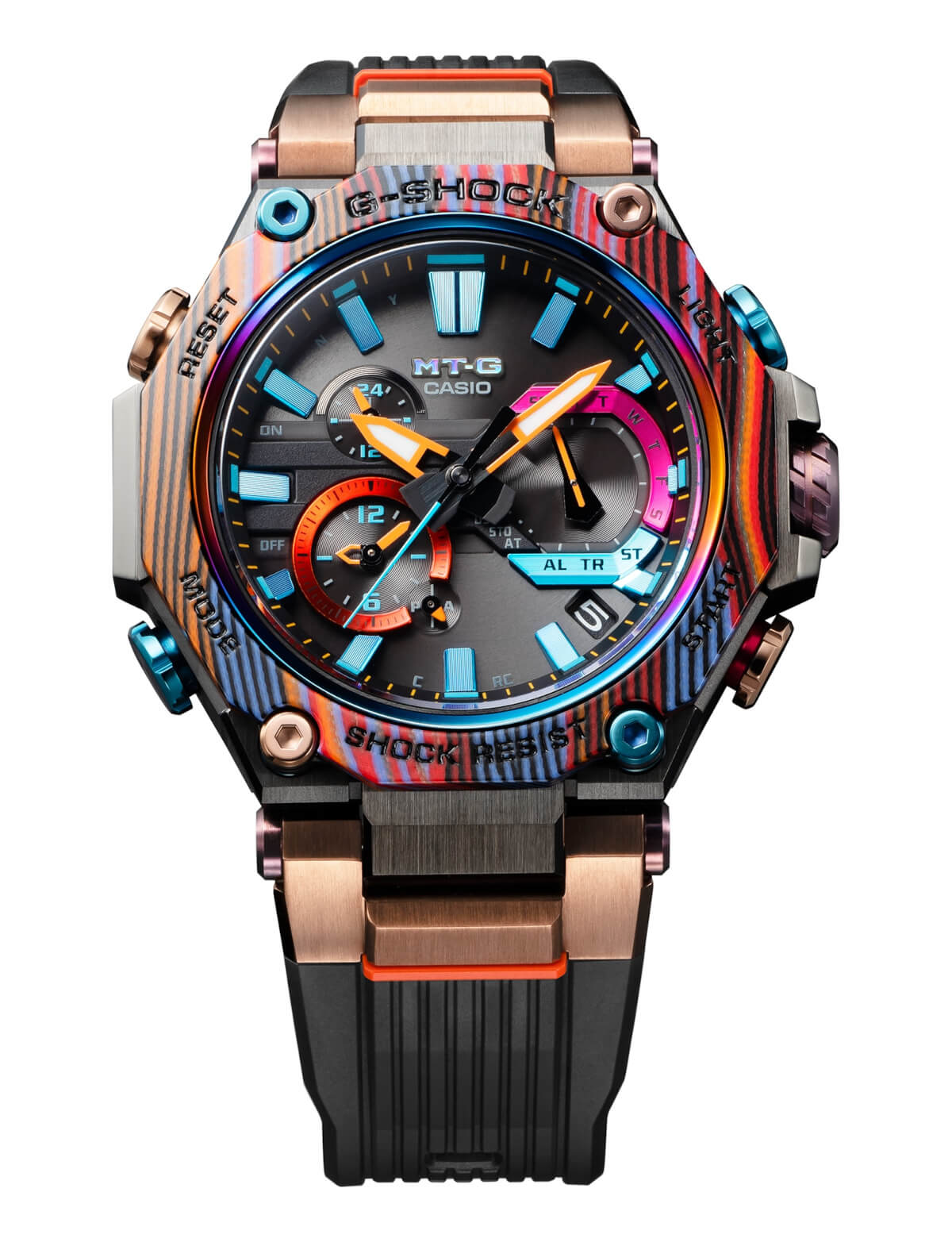 G Shock Mtg B00xmg 1a With Multicolor Carbon Bezel Is Inspired By Peru S Rainbow Mountain