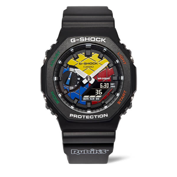 Rubik's Cube x G-Shock GAE-2100RC-1A with the six colors of the 