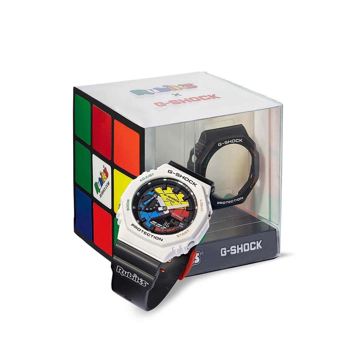 Rubik's Cube x G-Shock GAE-2100RC-1A with the six colors of the 