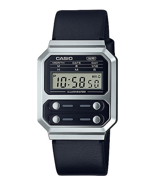 Casio A100WEL-1A Black and Silver with Genuine Leather Band