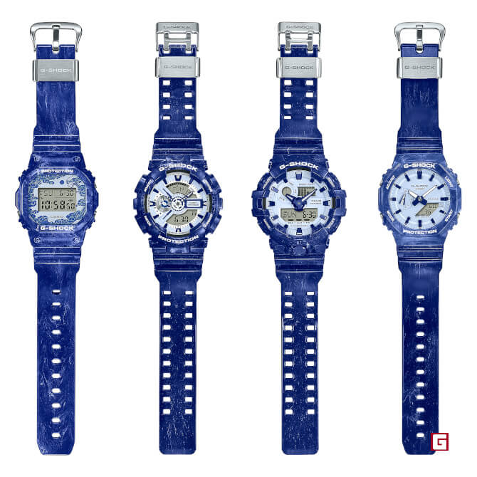 G-Shock Blue and White Porcelain Series: DW-5600BWP-2PFQ GA-110BWP-2APFQ GA-700BWP-2APFQ GA-2100BWP-2APFQ