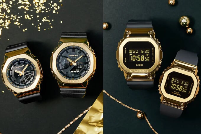 Gold and Black Metallic G-Shock GM-2100 and GM-5600 Pairs for Men and Women