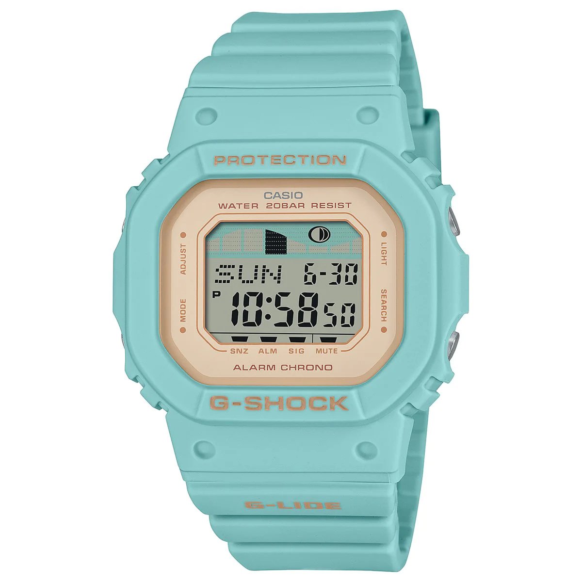 G-Shock GLX-S5600 is a small square G-LIDE surfing watch with tide and moon  graphs