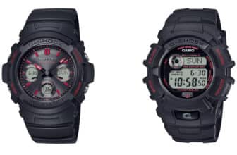 G-Shock Fire Package 2024: AWG-M100FP-1A4JR and GW-2320FP-1A4JR in black and red