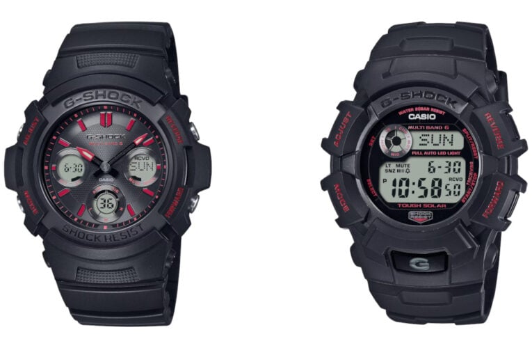 G-Shock Fire Package 2024: AWG-M100FP-1A4JR and GW-2320FP-1A4JR in black and red