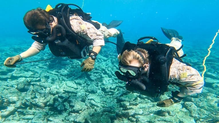 "U.S. Marines participate in dive training alongside Netherlands Marines with the 32nd Raiding Squadron near Savaneta, Aruba, Nov. 20."