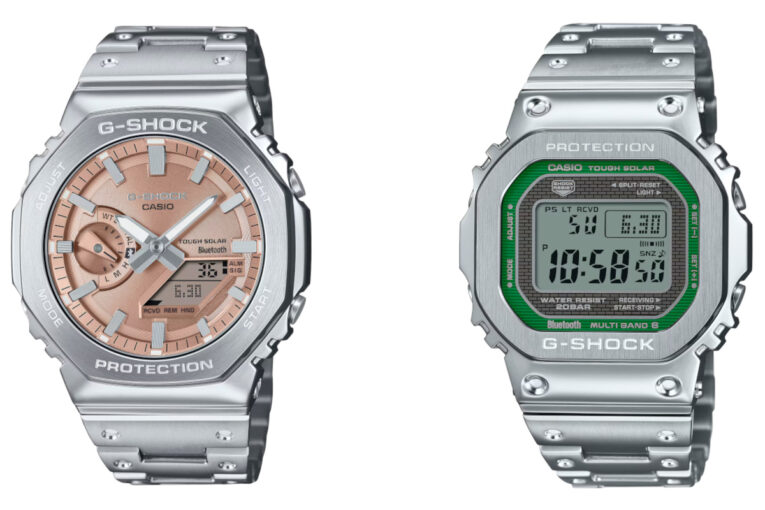 G-Shock GM-B2100AD-5A with reddish brown dial and GMW-B5000D-3 with green face