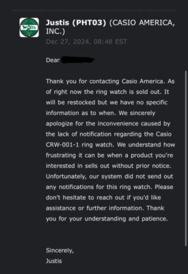 Casio America CRW001-1 Restock Message