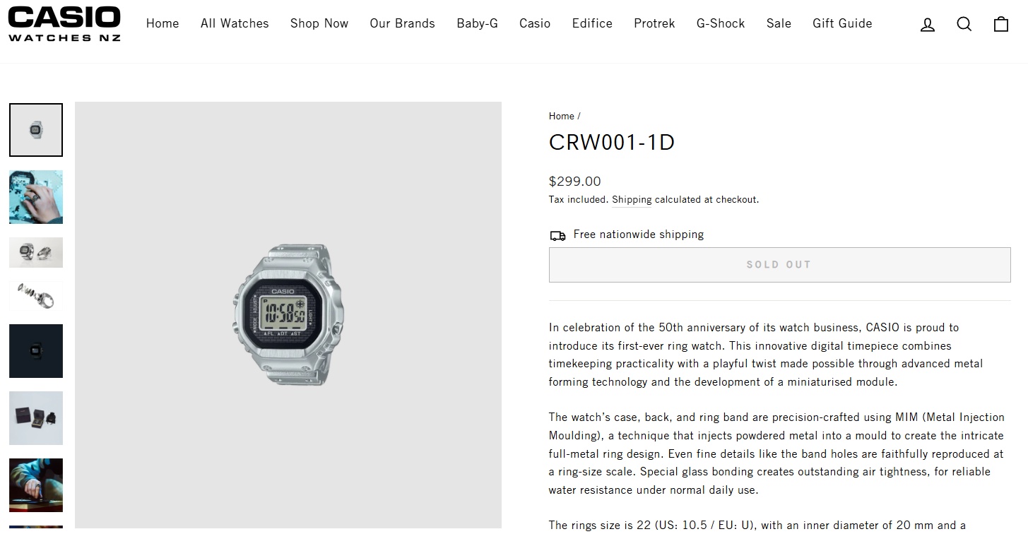 Casio CRW001-1D Ring Watch sold out in New Zealand