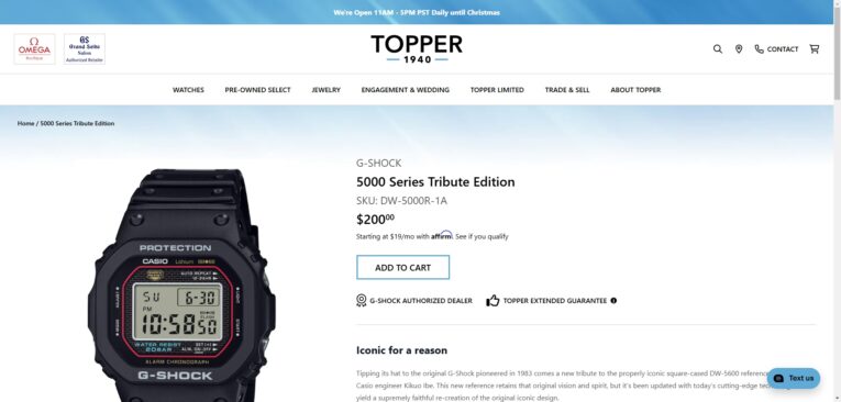 G-Shock DW5000R-1A U.S. price is $200, now sold at Topper and listed at Casio U.S.