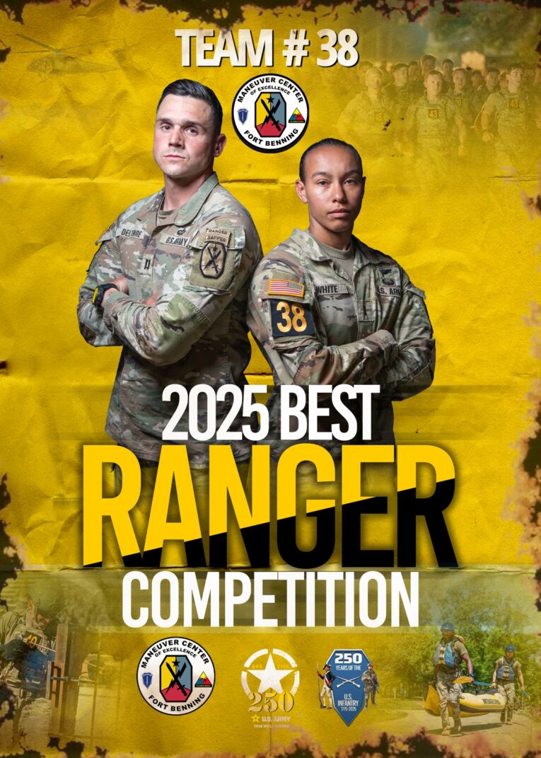First Lt. Gabrielle White and Capt. Seth Deltenre in 2025 Best Rangers Competition