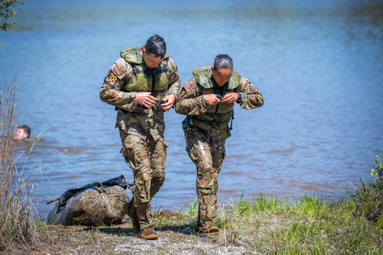 First Lt. Gabrielle White competes with teammate Capt. Seth Deltenre in Best Rangers Competition 2025