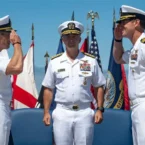 Incoming Commander Captain Stephen M. Healey wears a G-Shock DW-6900 watch during the Naval Special Warfare Group 11 change-of-command ceremony