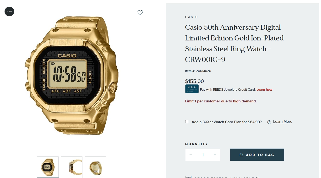 Casio CRW001G-9 gold ring watch available at various U.S.
