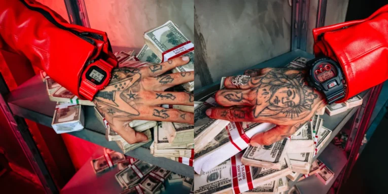Sfera Ebbasta x G-Shock DW-5600SFE25-4 and DW-6900SFE25-1 wrist shots