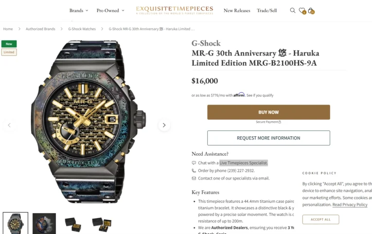An authorized U.S. dealer has the G-Shock MRG-B2100HR-1A ($8,000) and MRG-B2100HS-9A ($16,000) available for pre-ordering