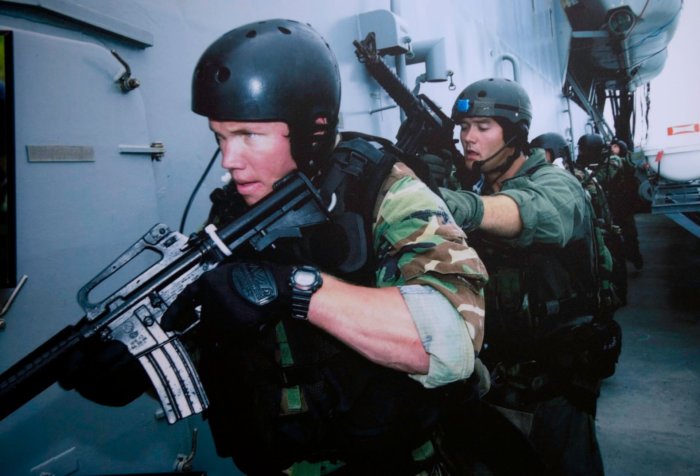 Navy SEAL wearing a G-Shock watch during ship-boarding exercise